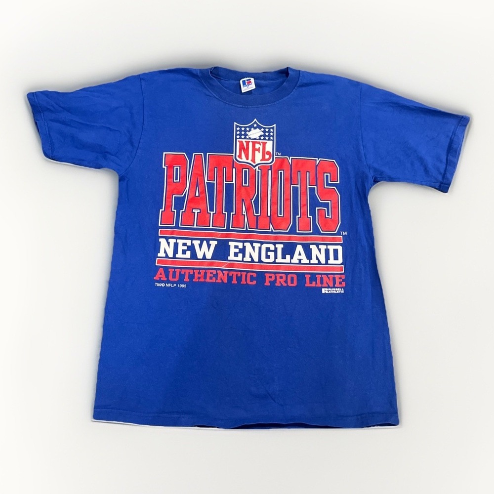 Vintage New England Patriots Shirt Mens Large Blue NFL Football Russell 1995 90s